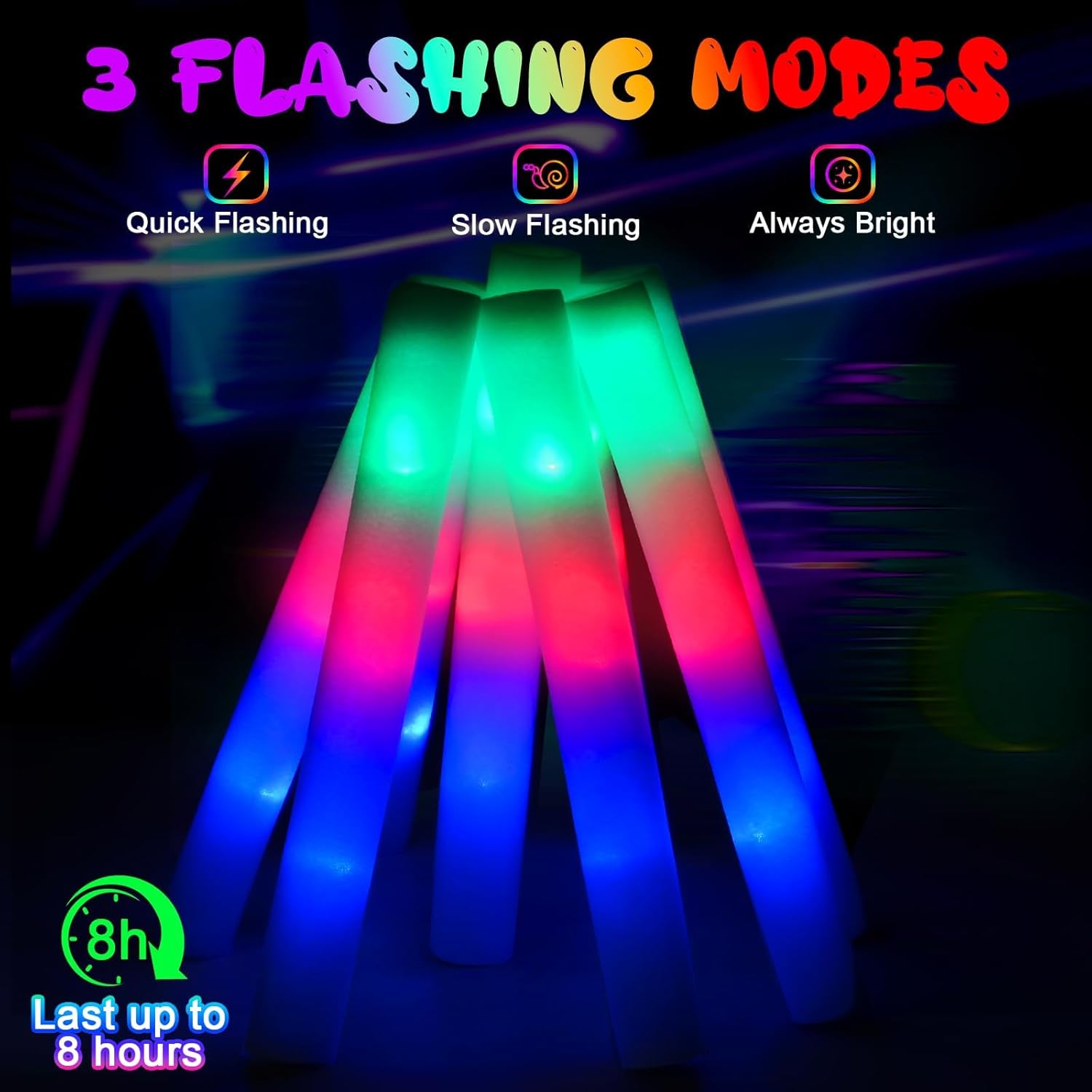 32 PCS LED Foam Glow Sticks Bulk, Glow in The Dark Party Supplies with 3 Modes Colorful Flashing, Glow Sticks Bulk Party Pack for Wedding, Concert, Raves, Events, Birthday