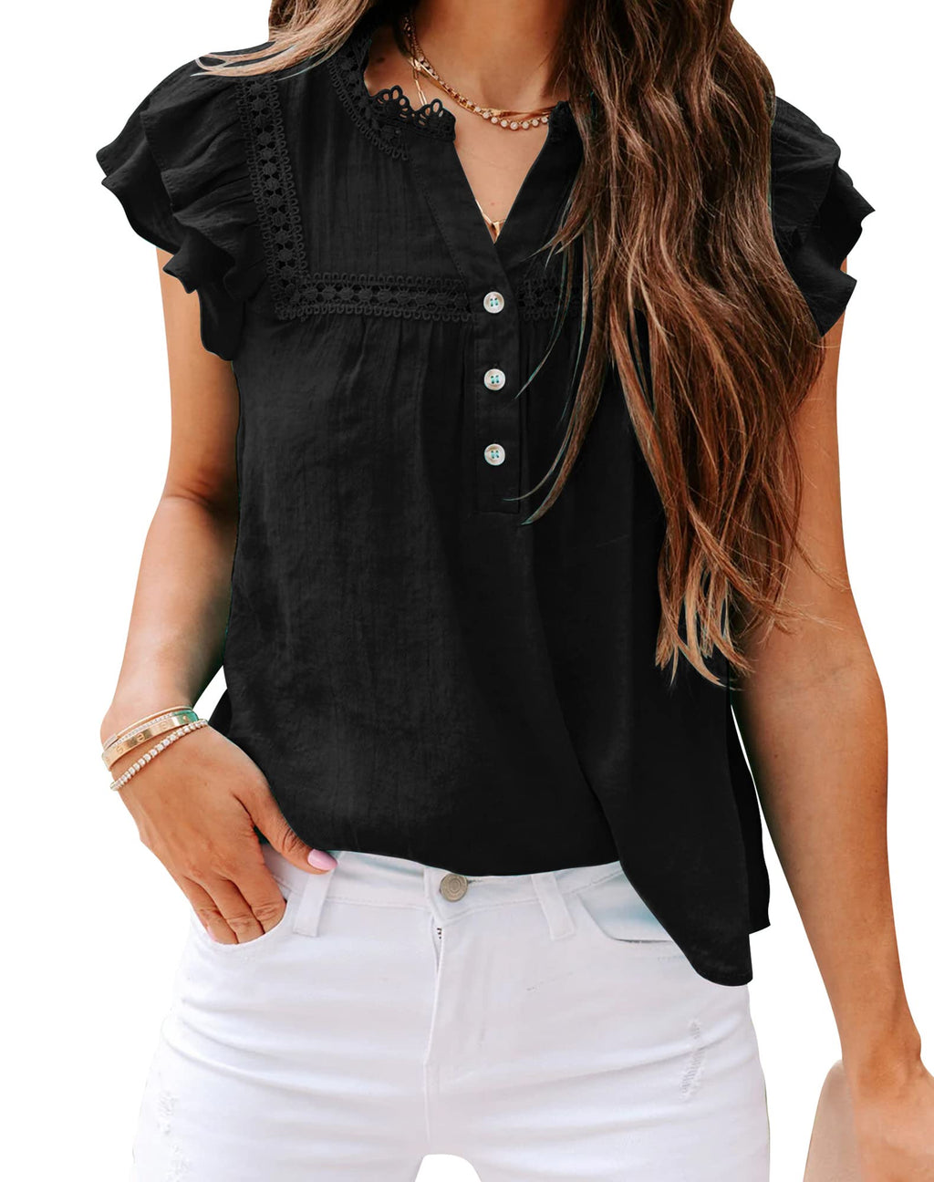 Women's V Neck Lace Crochet Shirts Button Down Short Sleeve Casual Blouse Tops