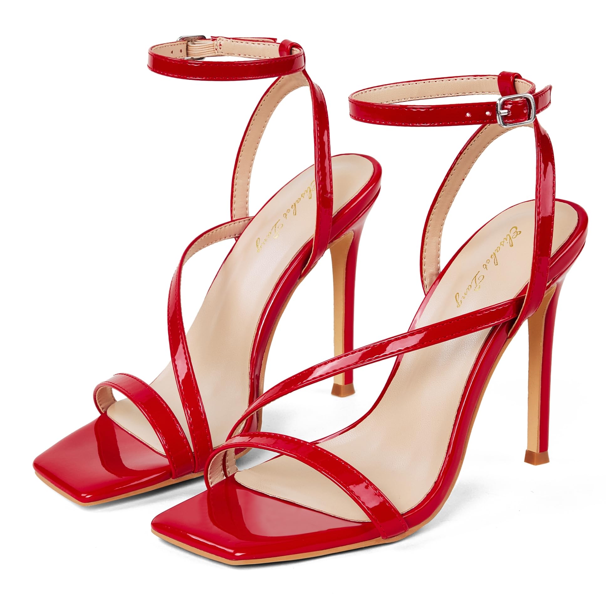 Elisabet Tang Women’s Crystal Stilettos Heeled Sandals, 4 Inch Square Open Toe Strappy Sexy High Heels Ankle Strap Buckle Heels for Party Wedding Dress Daily Wear Shoes