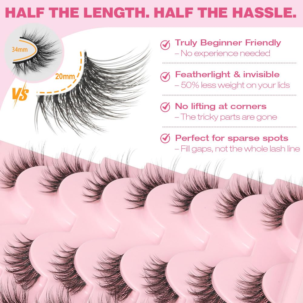 False Lashes Natural Look Wispy Eyelashes Manga Korean Spiky 16mm Short Faux Mink Eyelashes Cat Eye Natural Fake Eyelashes Strip Lashes Pack 14 Pairs