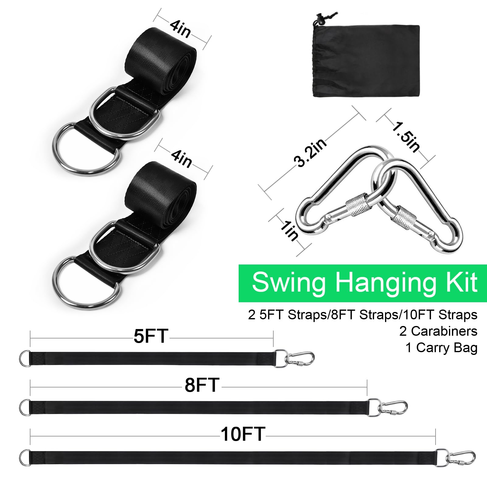 Tree Swing Hanging Straps Kit Holds 2200 lbs,5ft Extra Long Straps Strap with Safer Lock Snap Carabiner Hooks Perfect for Tree Swing & Hammocks, Carry Pouch Easy Fast Installation (5 ft)