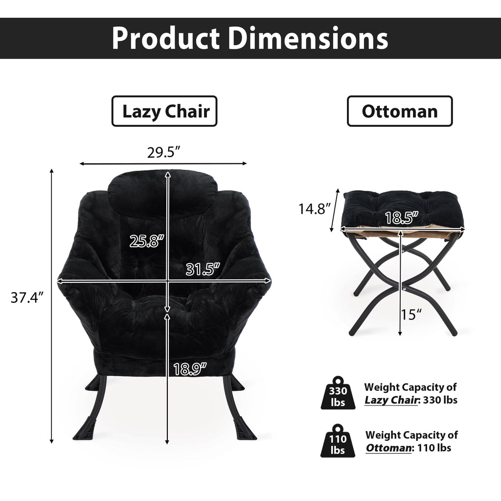 Youtanic Lazy Chair with Folding Ottoman, Accent Chair Velvet Upholstered with Metal Structure and Non-Slip Pads, Sofa Armchair with Footrest and Side Storage Bag for Dorm, Room, Office, Beige