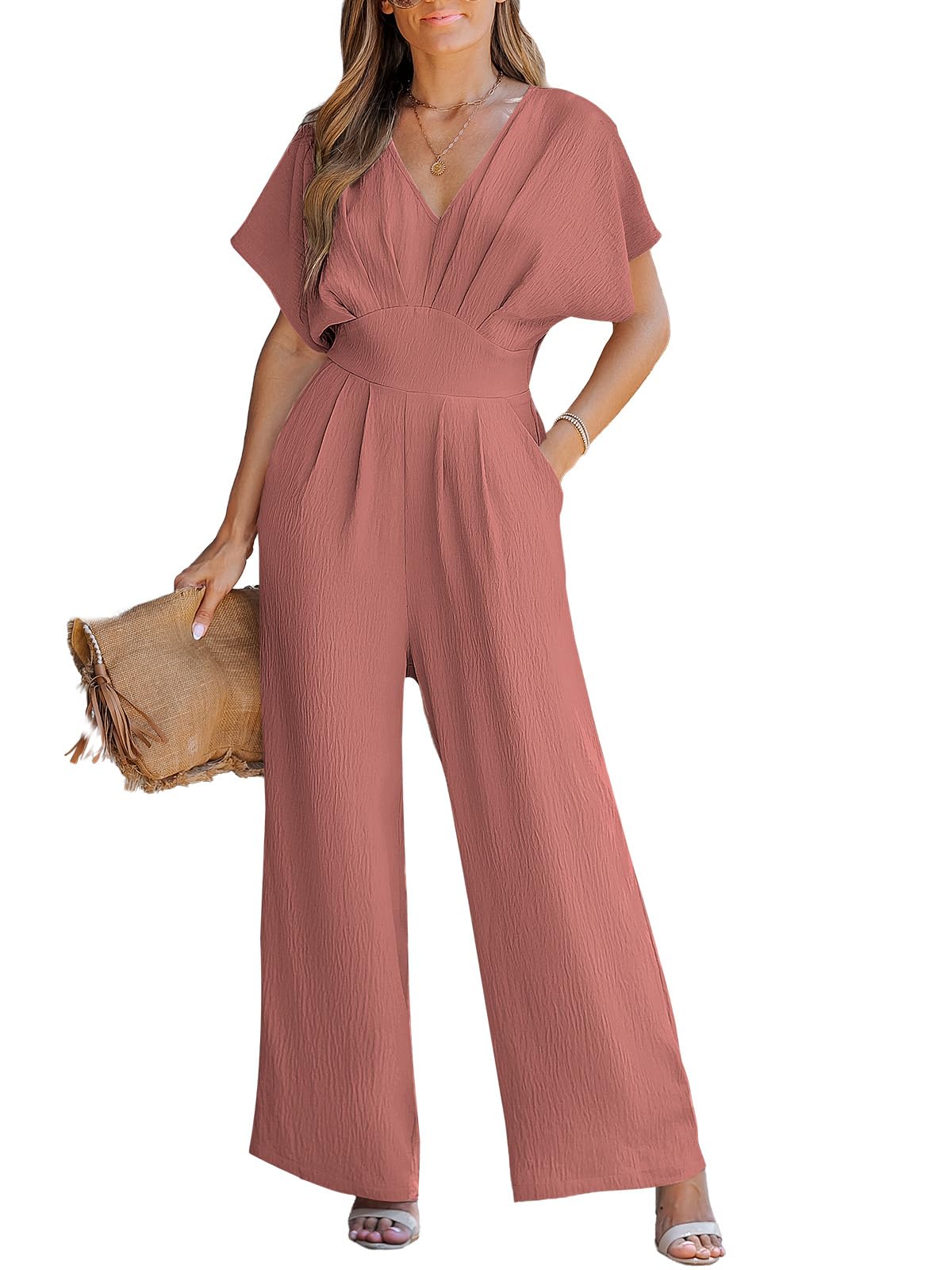 CUPSHE One Piece Jumpsuits for Women Casual Summer V Neck Batwing Sleeve Wide Leg Elegant Overalls Sexy Vacation Outfits