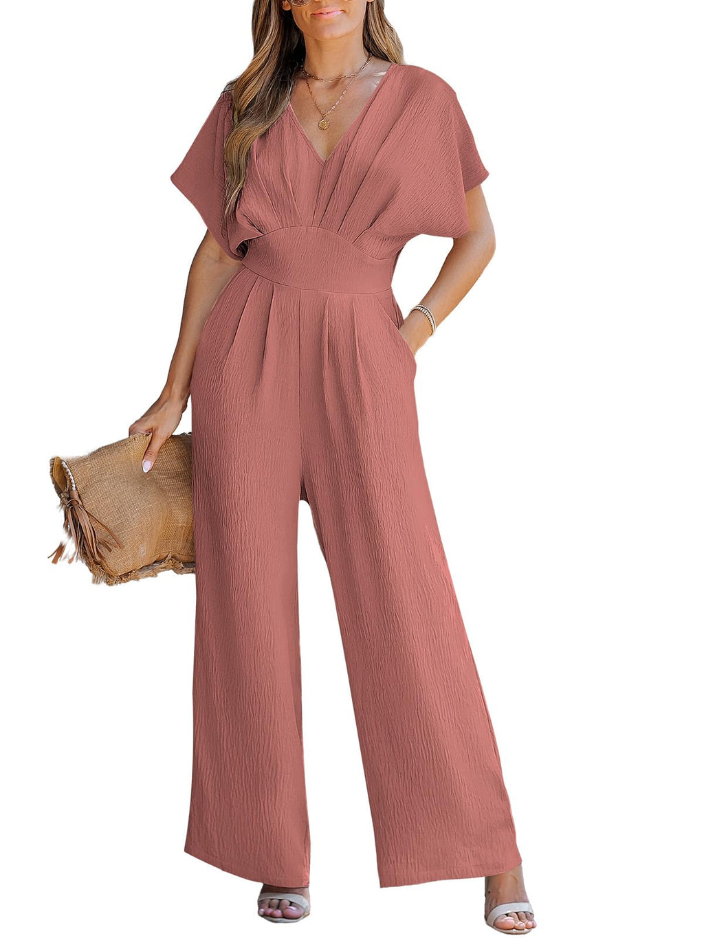 CUPSHE One Piece Jumpsuits for Women Casual Summer V Neck Batwing Sleeve Wide Leg Elegant Overalls Sexy Vacation Outfits