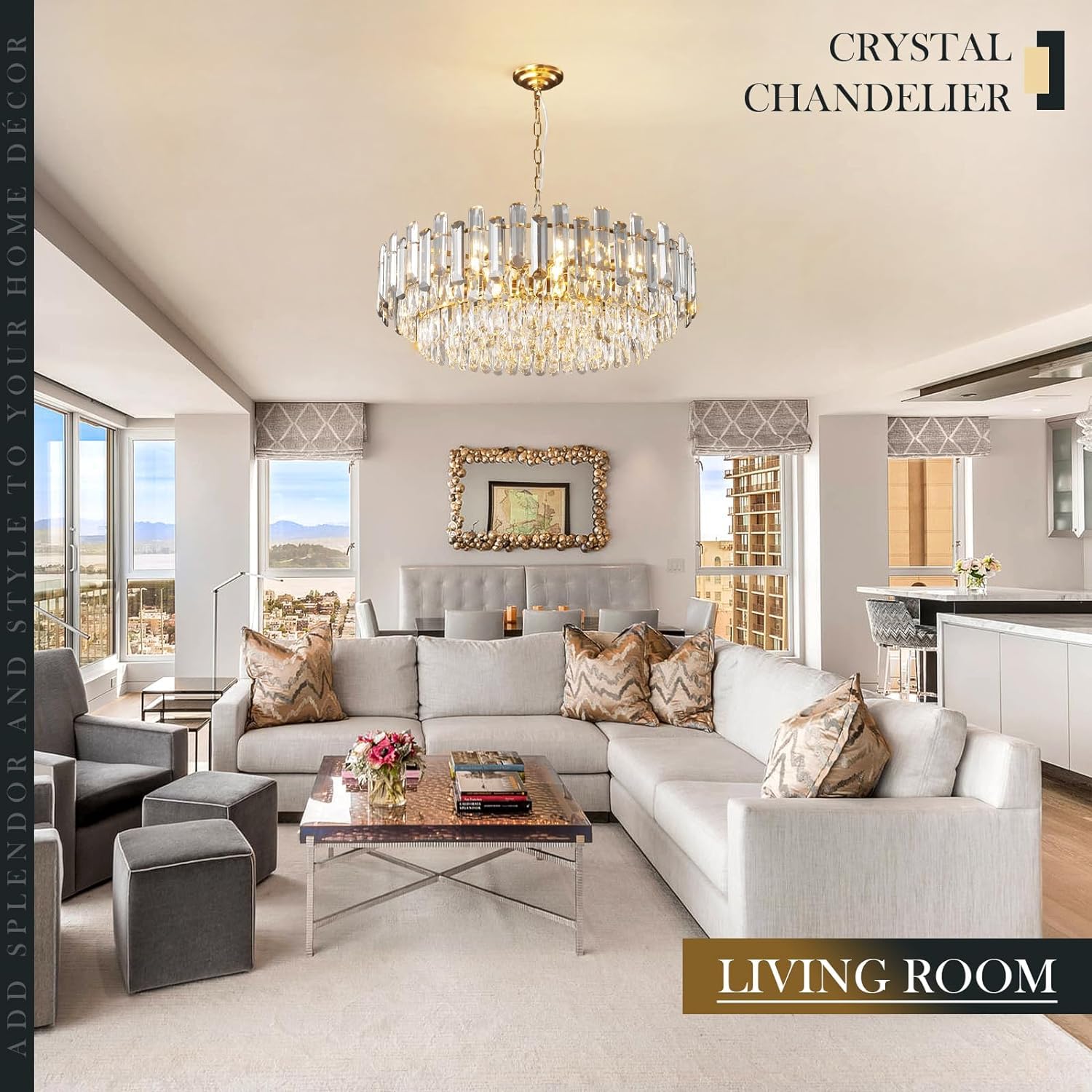 23.6" Modern Crystal Chandelier with Grey Crystal Gold 3-Tier Luxury Pendant Light 12-Light Ceiling Pendant Lighting for Dinning Room Living Room Foyer