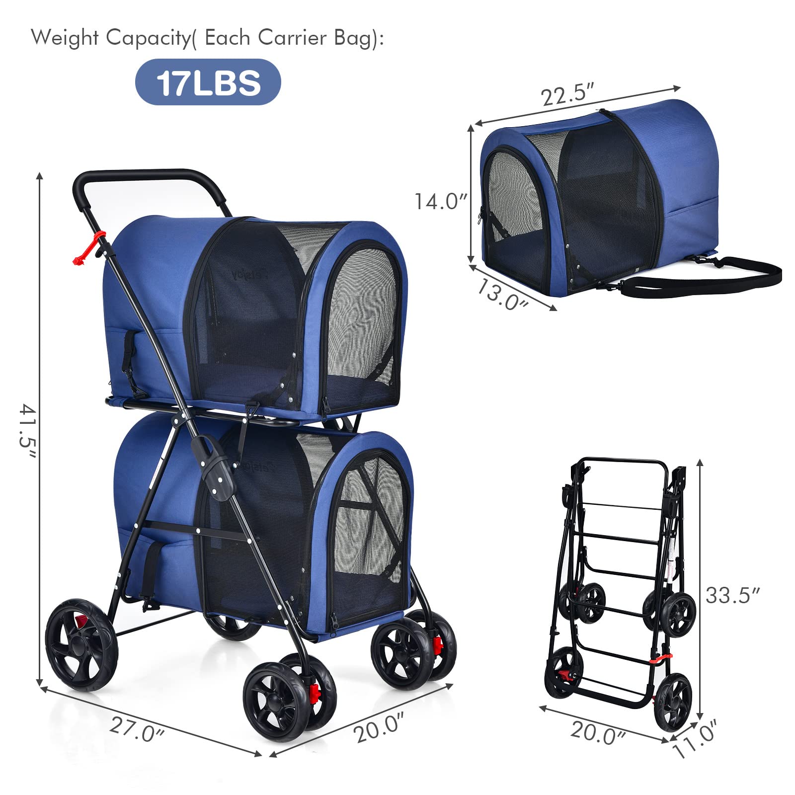 Giantex Double Pet Stroller with 2 Detachable Carrier Bags, Safety Belt, 4 Lockable Wheels, Folding Cat & Dog Stroller for Small Medium Pets, Cats Dogs Puppy Travel Strolling Cart (Beige)