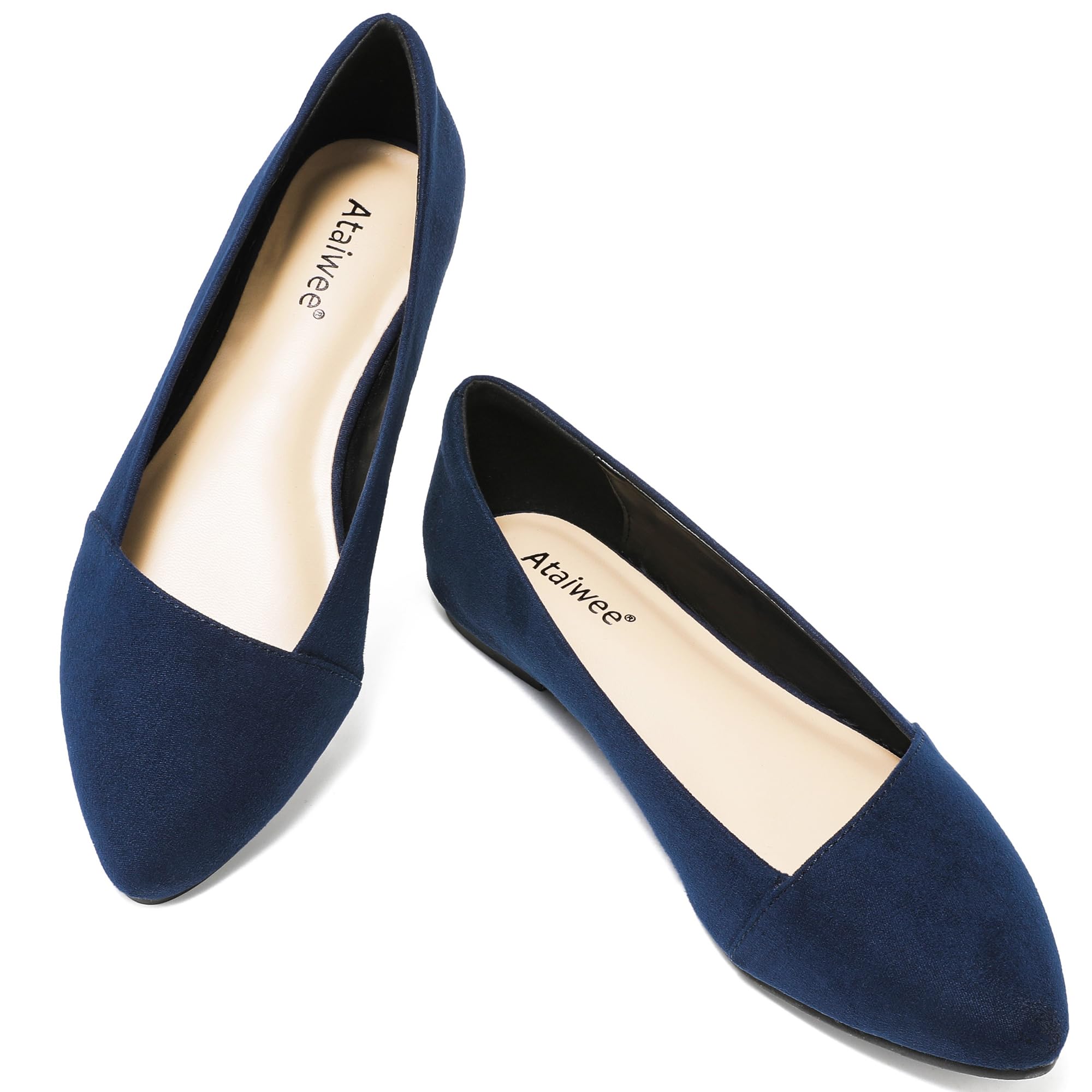 Ataiwee Women's Wide Width Ballet Flats - Stylish Pointed Toe Suede, Soft Comfortable Non-slip Sole.