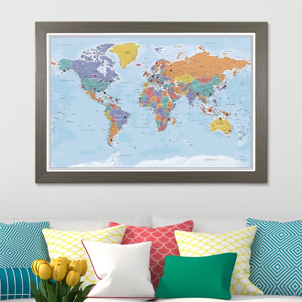 Personalized Canvas Rolled Poster World Map Wall Art with Pins – Large 24" x 36" Blue Oceans Map of the World – Push Pin Travel Decor for Home or Office
