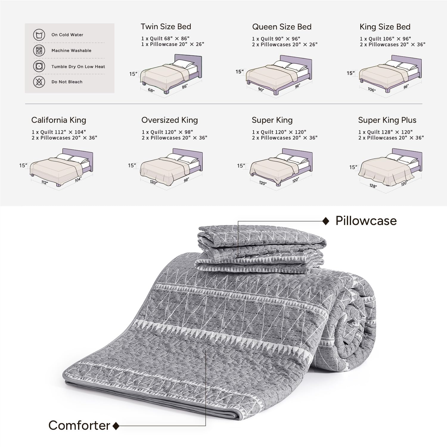Andency Twin Quilt Set Grey, 2 Pieces Boho Lightweight Soft Striped Bedspread for All Season (68"x86"), Gray Printed Bohemian Polyester Reversible Coverlet Comoforter Sets