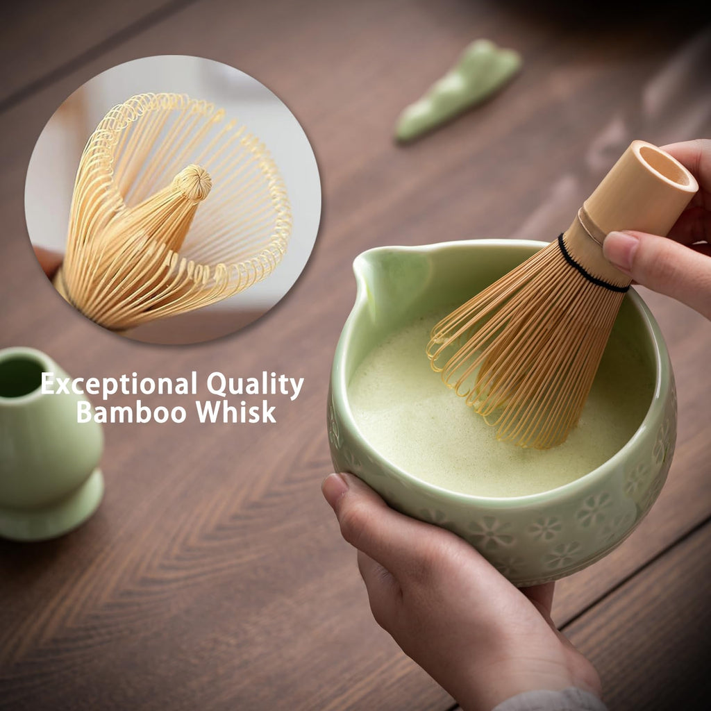 Buucup Matcha Whisk Set, Ceramic Matcha Kit Includes Matcha Bowl, Matcha Whisk and Holder, Bamboo Scoop, Scoop Rest, Sifter and Tea Towel - 7 Pcs Matcha Kit for Matcha Lovers (Blue)