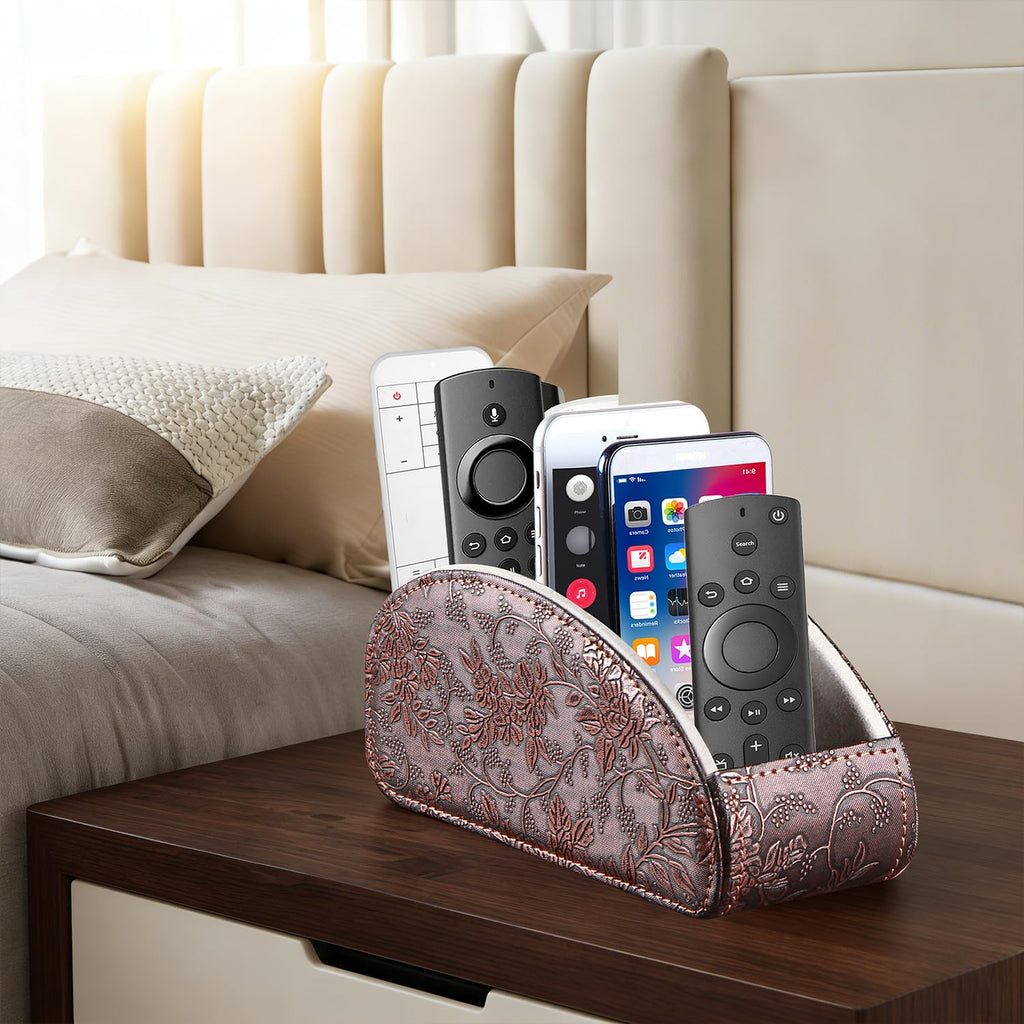 YAPISHI All-in-One Leather Brown TV Remote Holder with 5 Compartments Nightstand Desktop Media Player Remote Caddy Storage Box Organizer Tray for Mobile Office Phone Controller