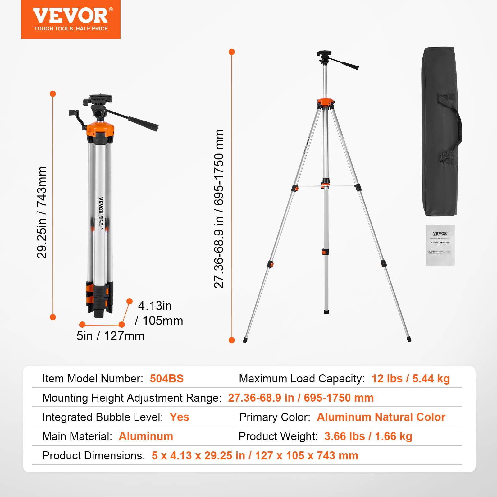 VEVOR Laser Level Tripod Stand, 5/8"-11 Thread Mount, 16.53-65.55 inch Height Adjustment Heavy Duty Survey Tripod for Construction Laser Level Scanner, Retractable Legs Non-Skid Feet Professional