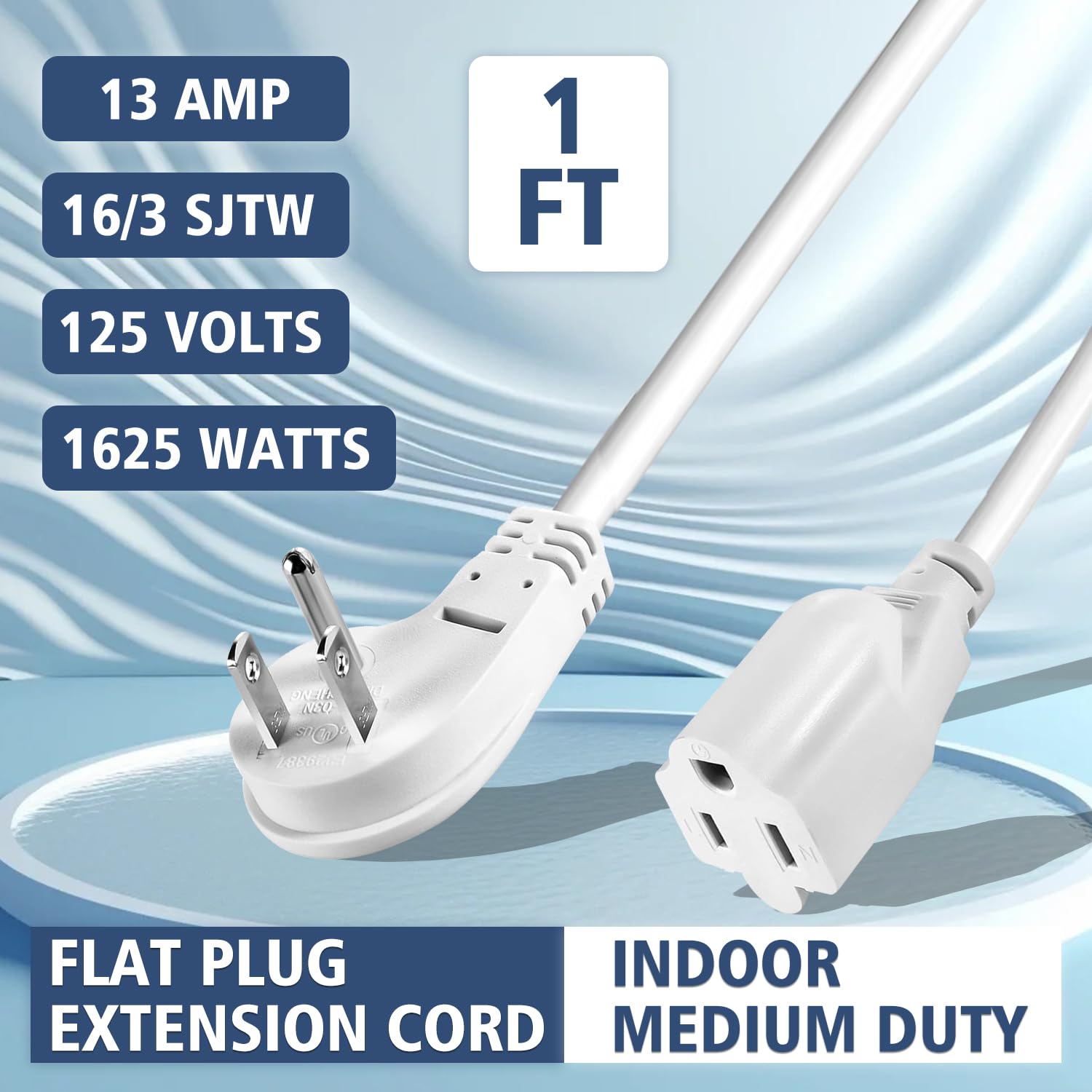 1875W Short Extension Cord,15A 14AWG Low Profile Flat Plug Heavy Duty Extension Cord Outlet Saver 3-Prong Grounded Power Extension Cable (White 1 Feet)