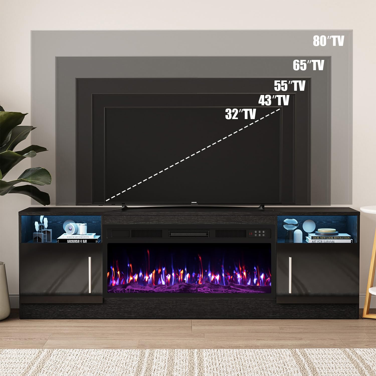 VITESSE 58 Inches Fireplace TV Stand for TVs up to 65 Inches Console with 18'' Electric Fireplace & Remote,Wooden Modern Entertainment Center for Living Room with LED Light Glass Shelves（Bei）