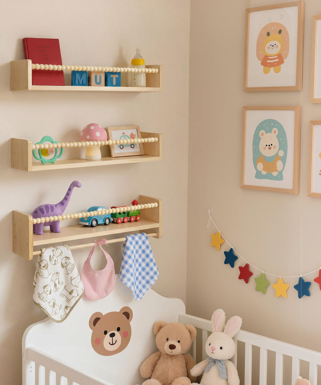 Nursery Book Shelves for Wall Set of 3, Natural Wood Bookshelves Wall Decor, Small Floating Shelf Organizer for Kids Room, Bedroom, Kitchen Spice Rack