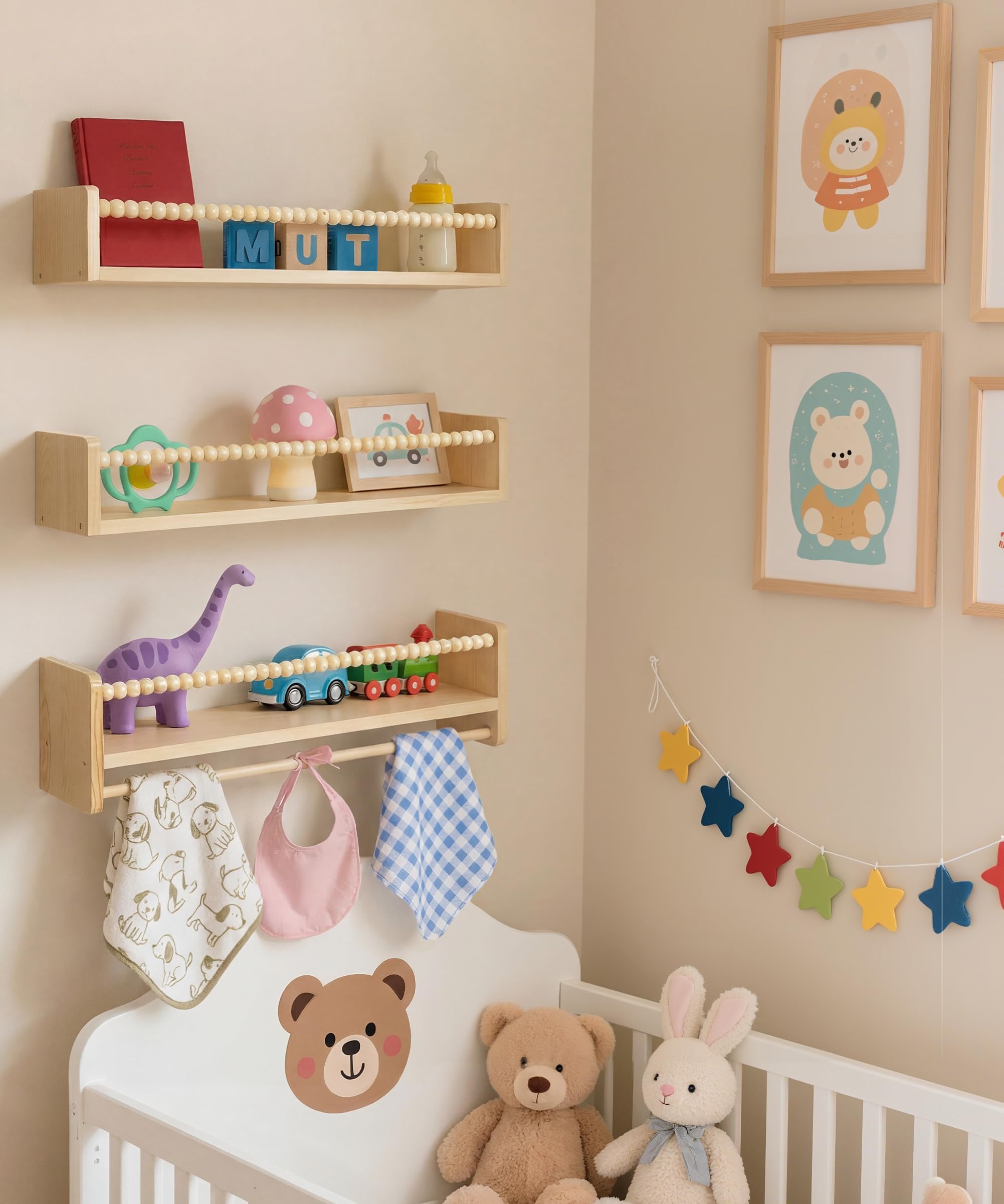 Nursery Book Shelves for Wall Set of 3, Natural Wood Bookshelves Wall Decor, Small Floating Shelf Organizer for Kids Room, Bedroom, Kitchen Spice Rack