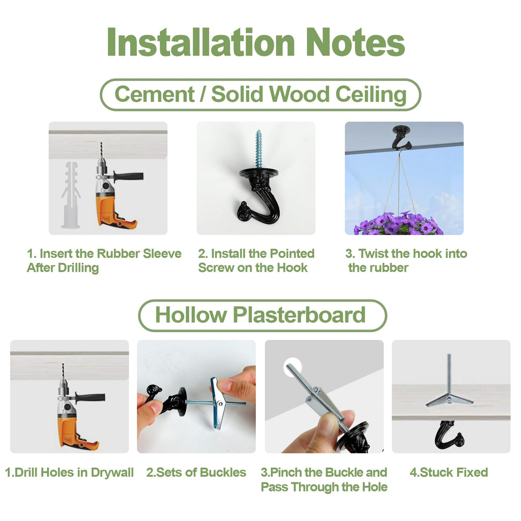 Aidoclip Ceiling Swag Hook Sets - Heavy Duty Hooks with Mounting Hardware for Hanging Plant, Ceiling or Extender Chains - Easy Install with Screws/Brackets (10 pcs - Black)