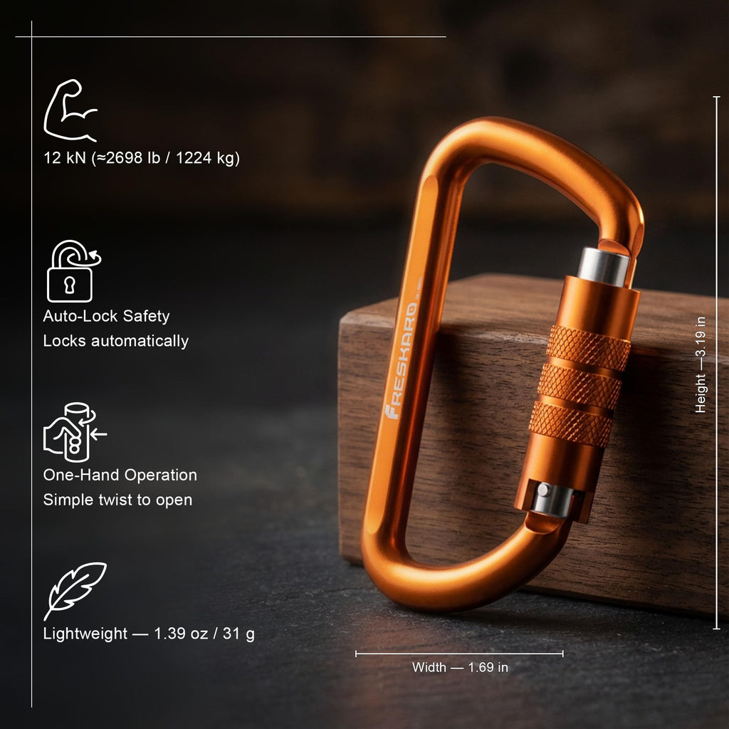 FresKaro 3inch 12kN-2698lbs Auto Locking Carabiner Clips, Solid D Shape, Heavy Duty 7075 Aluminum, Lightweight 1.09oz, Rust Proof, for Hammock, Hiking, Dog Leash, Keychain etc., Multi-Colors