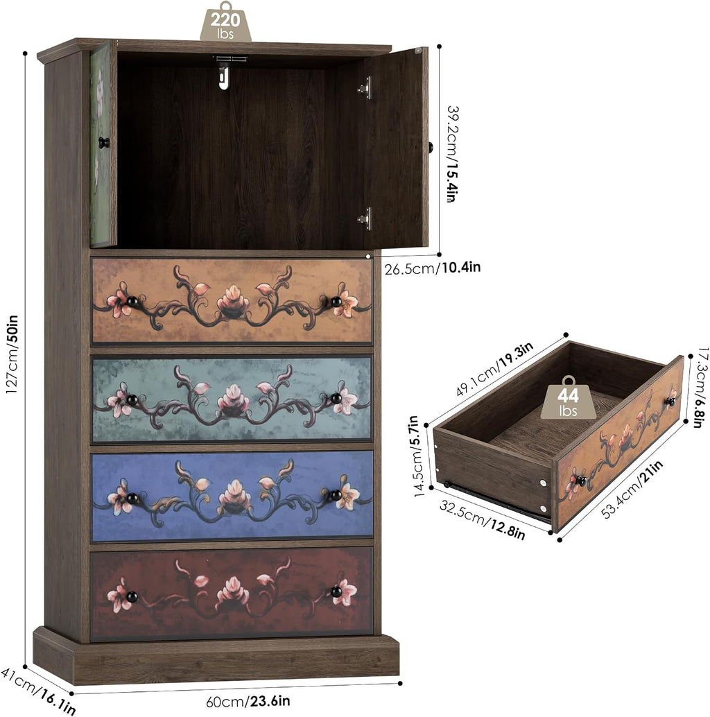FINETONES 50’’ Tall Dresser, Boho Dresser Vintage Dressers with 4 Drawers and 2 Doors, Wood Chests of Drawers for Home, 16.1D x 23.6W x 50H Inch