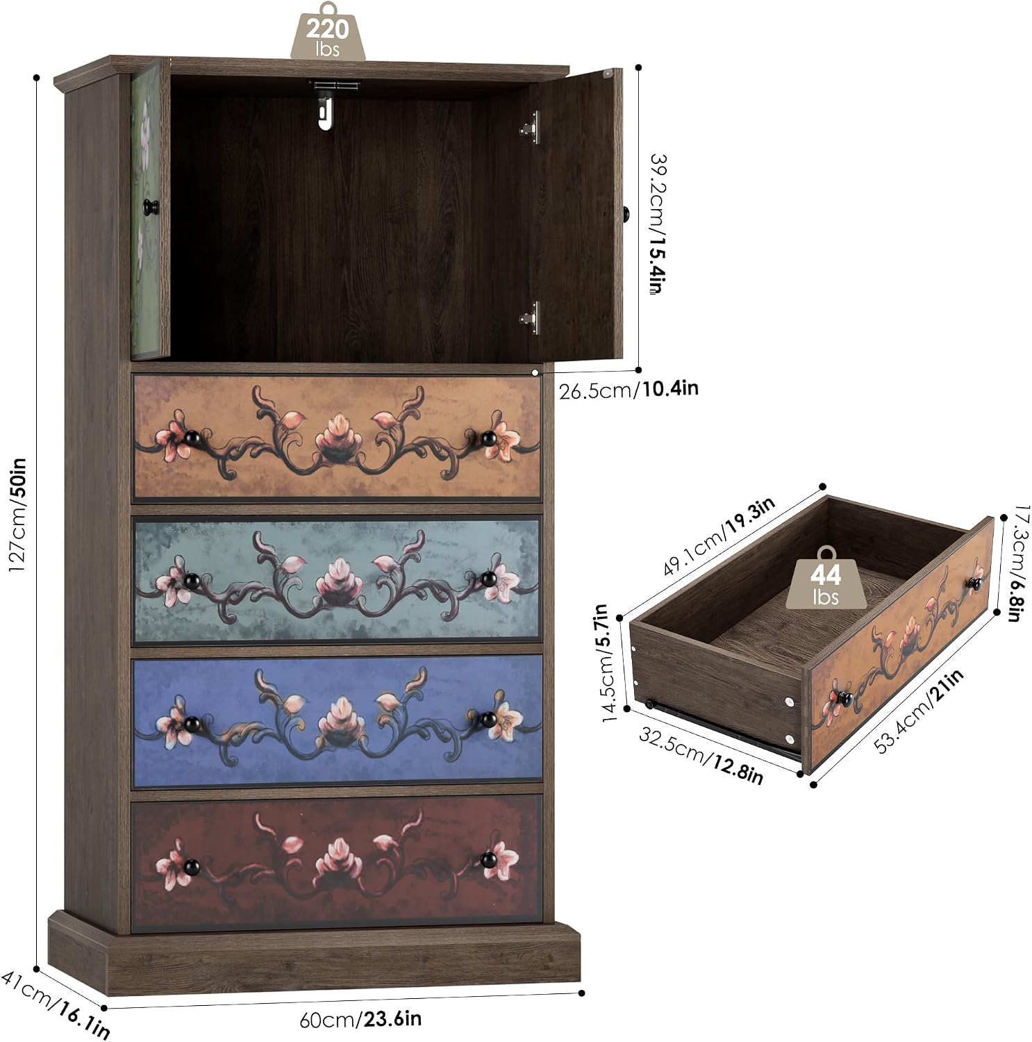 FINETONES 50’’ Tall Dresser, Boho Dresser Vintage Dressers with 4 Drawers and 2 Doors, Wood Chests of Drawers for Home, 16.1D x 23.6W x 50H Inch