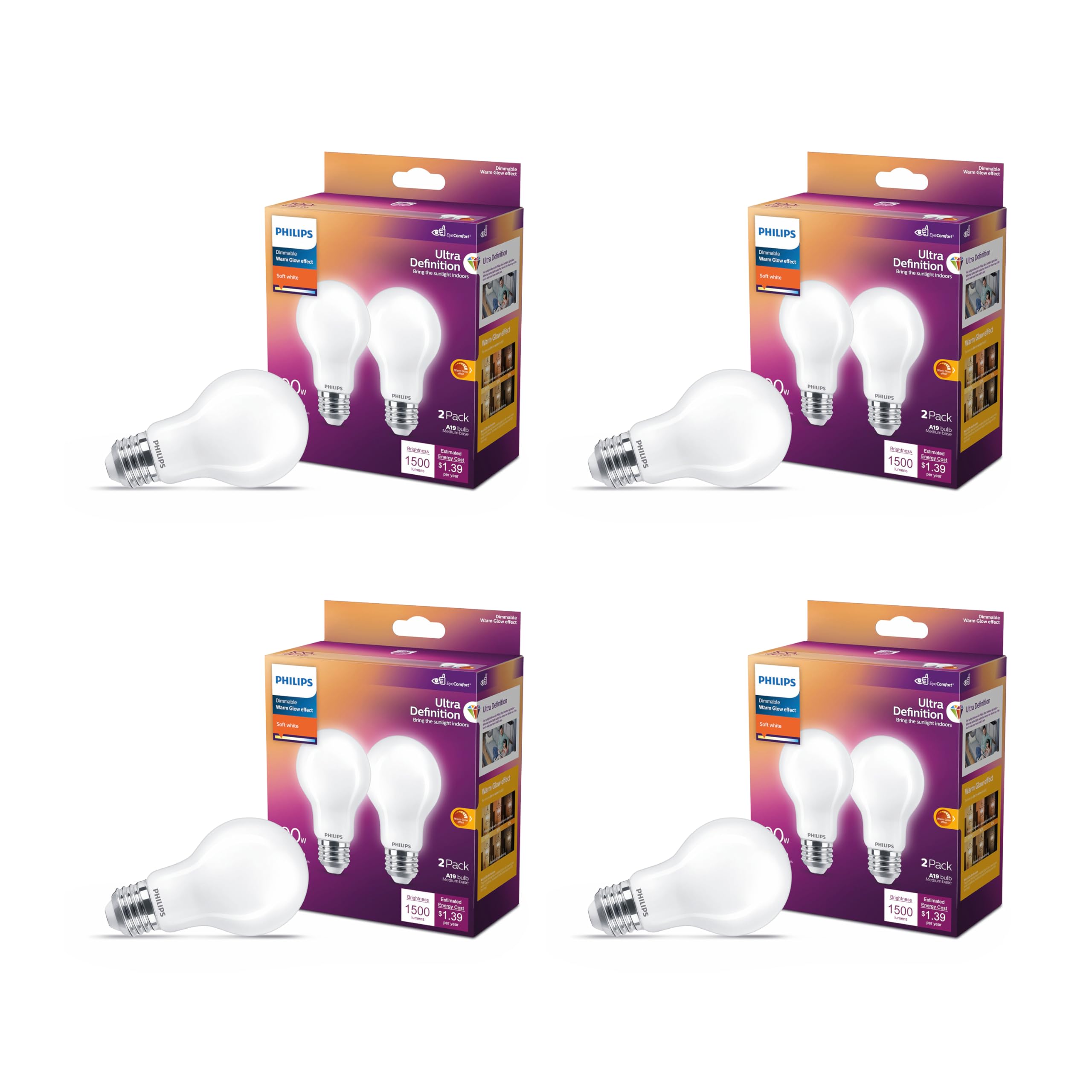 Philips LED 100W A19 8-Pack Ultra Definition (2700K) 1500 Lumen (11.5W = 100W) Dimmable Frosted Flicker-Free Light Bulbs