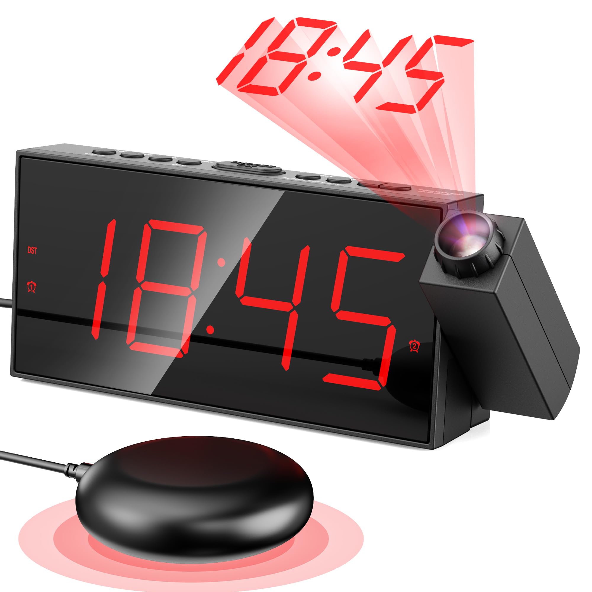 Digital Projection Alarm Clocks for Bedrooms - Large LED Display, 180° Rotatable Projector, 5-Level Dimmer,USB Charger,Battery Backup,Loud Dual Alarms for Kids Elderly,Heavy Sleepers,Snooze,12/24H,DST