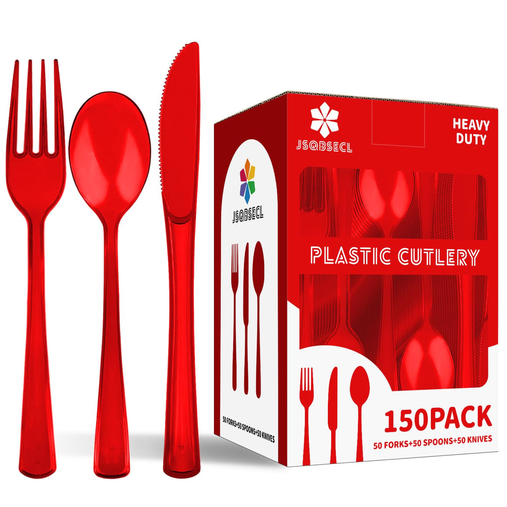 150 Pack Plastic Silverware,Disposable Cutlery Set Heavy Duty Utensil Sets 50 Forks 50 Knives 50 Spoons for Brithday, Wedding,Home School Party Picnics Restaurant Outdoor Events (Black)