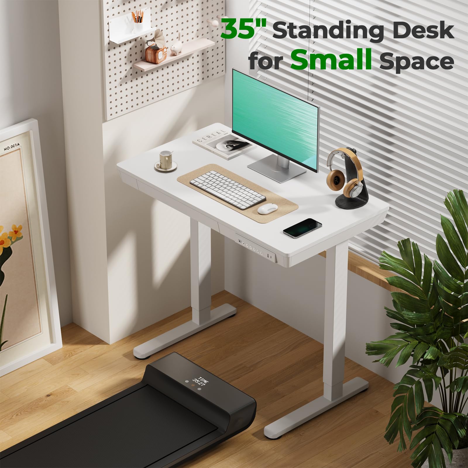 Glass Electric Standing Desk with Drawer, 35" x 20" Whole Piece Tabletop Samll Sit Stand Table, Height Adjustable Workstation with Storage & USB Ports, Quick Install Home Office Desk