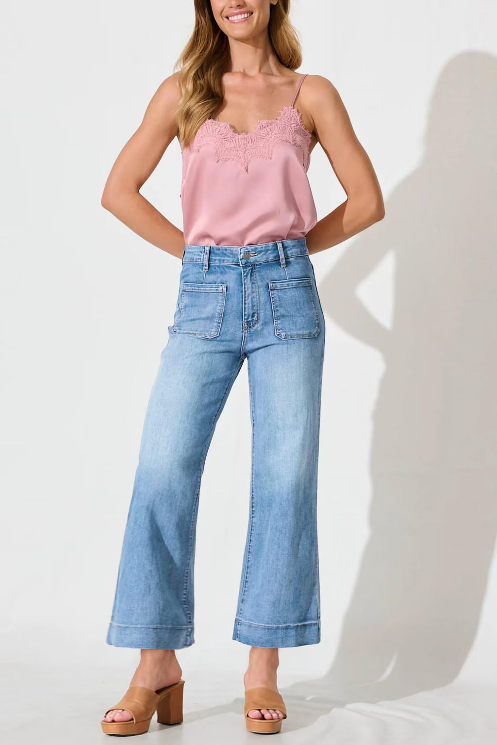 Allimy Women's High Waisted Cropped Wide Leg Jeans Stretchy Loose Denim Pants with Front Patch Pockets