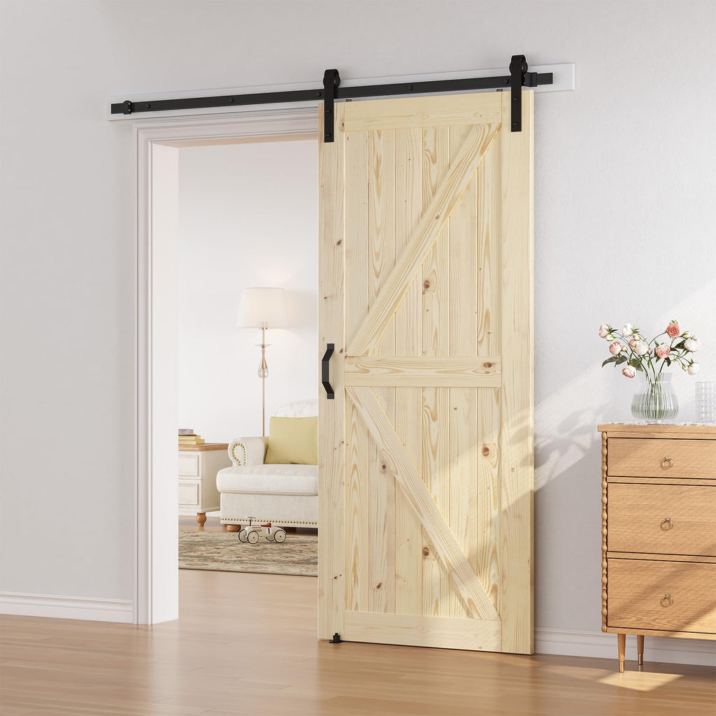 SmartStandard 24in x 80in Sliding Barn Wood Door Pre-Drilled Ready to Assemble, DIY Unfinished Solid Spruce Wood Panelled Slab, Interior Single Door Only, Natural, K-Frame (Fit 4FT Rail)