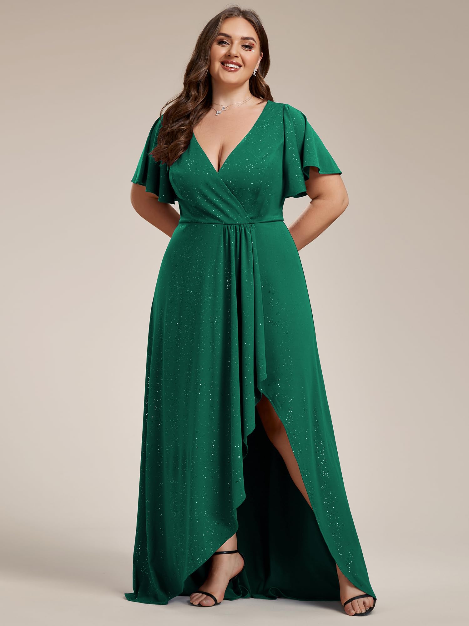 Ever-Pretty Glitter Formal Dresses for Cuvvy Women Plus Size A-line High Low Wedding Guest Gala Dress with Ruffles Sleeves