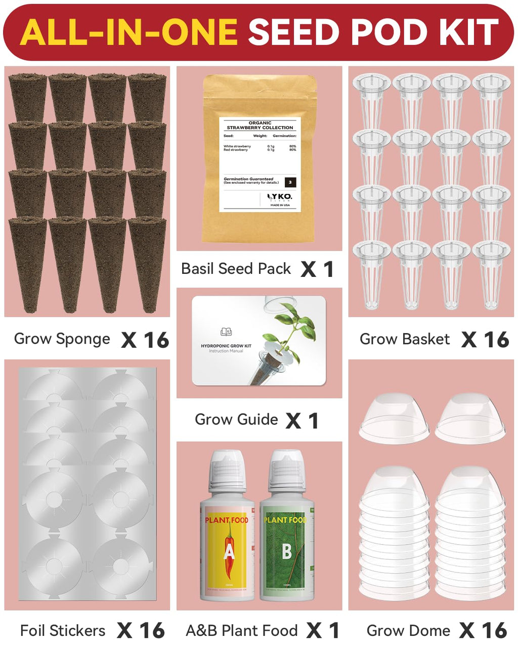 Hydroponics Seed Pod with Genovese Basil & Purple Basil, 8 Pods Complete Kit with Sponge, Basket, Dome, Label, Compatible with AeroGarden, Ahopegarden, GARDENCUBE, iDoo & MUFGA Indoor Smart Gardens
