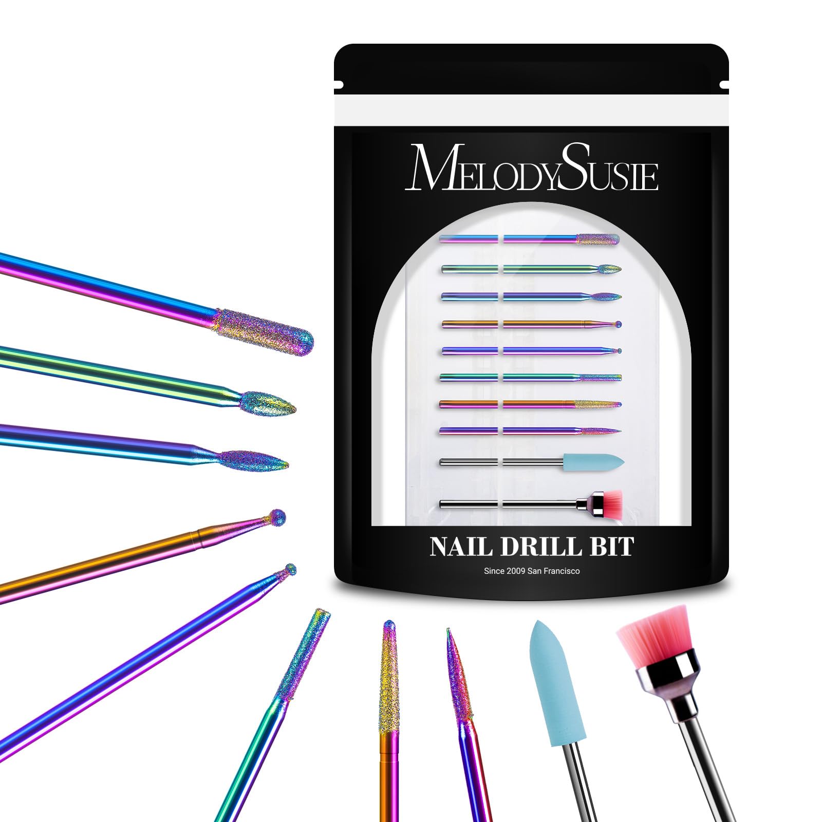 MelodySusie 10pcs Nail Drill Bits Set, 3/32 Inch Diamond Cuticle Bits for Nail Drill E-File, Manicure Pedicure Remover Tools for Acrylic Gel Nails, Salon Home Use Nail Care Supplies, Rainbow