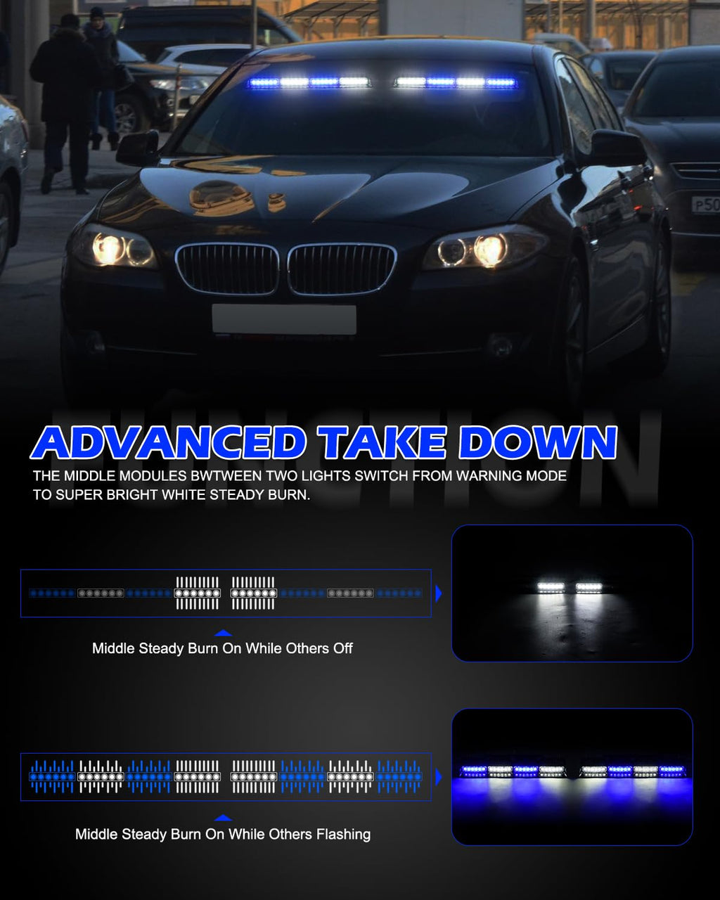 HLauto 604N Emergency Dash Strobe Lights: 2x16.8 inch Amber White Security Light w/Take Down, 48 LED Safety Flashing Warning Hazard Interior Windshield Light Bar for Truck Vehicle