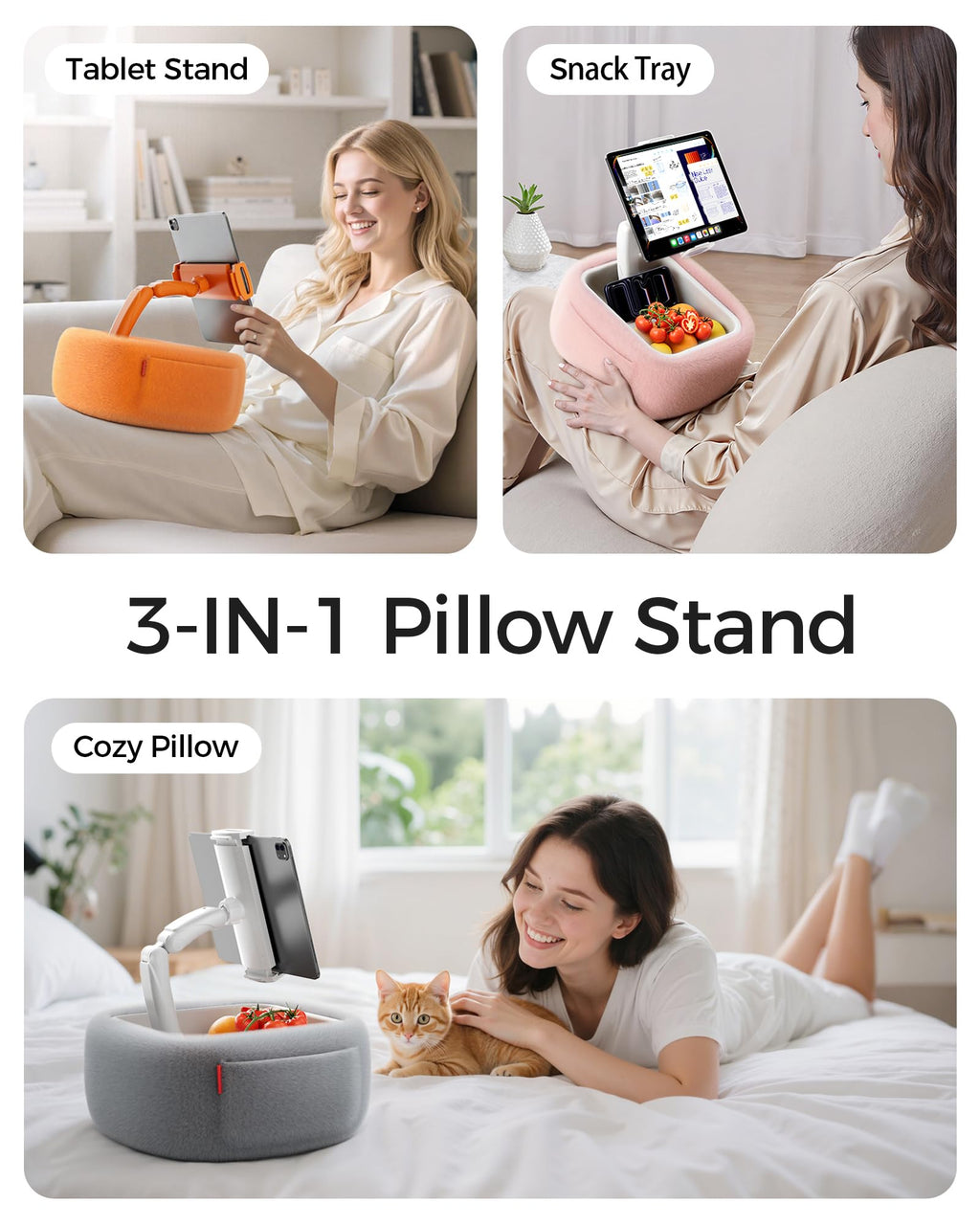 LULULOOK Tablet Pillow Stand, Compatible with iPad, iPhone and 4.7-14.6”Tablet, 360° Adjustable Kindle Pillow Stand for Bed with Ultra Fluffy Fabric & Snack Bowl (Cloudy White)