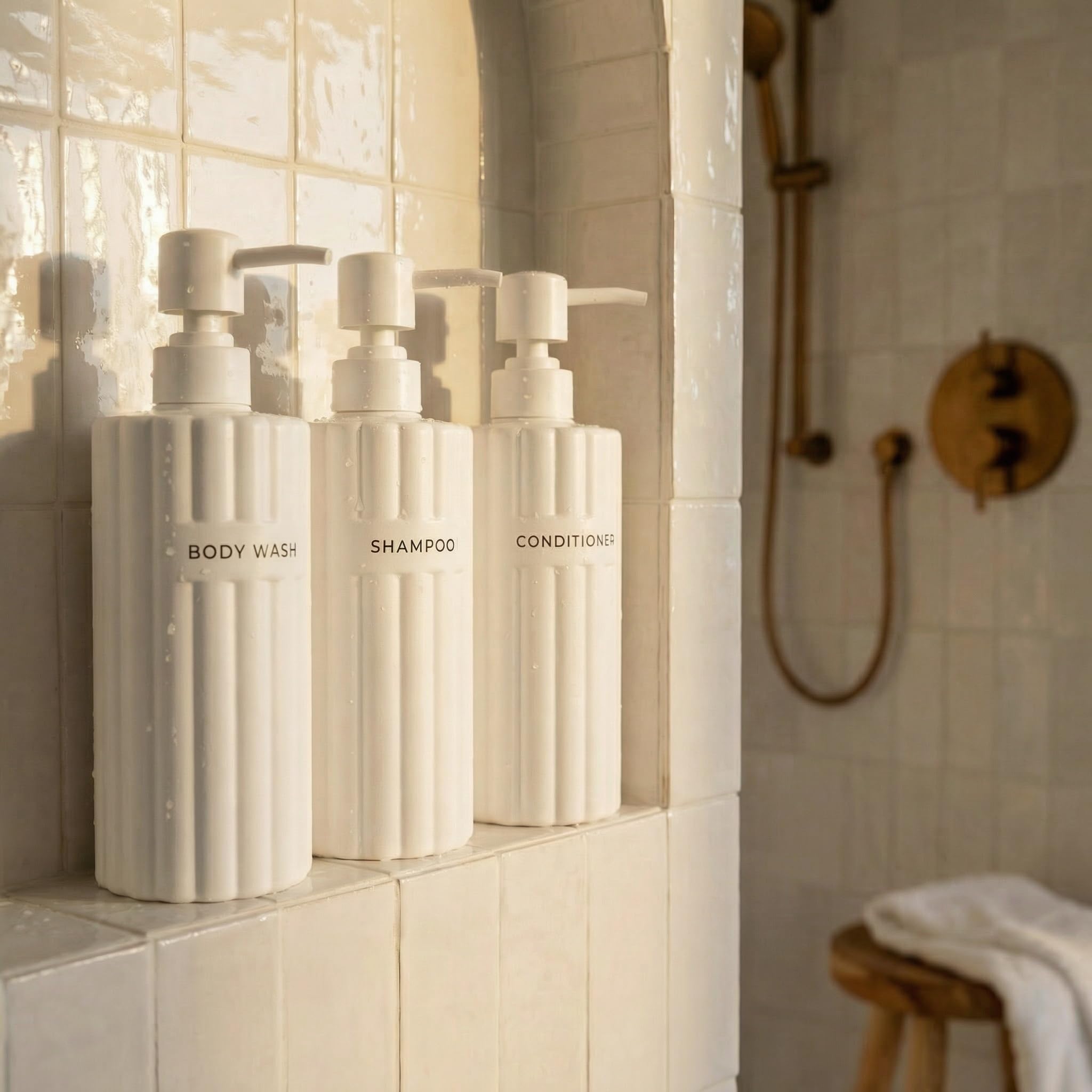 Stylish Shampoo and Conditioner Dispenser Set of 3 - Modern 19oz Shower Soap Bottles with Pump and Labels - Easy to Refill Body Wash Dispensers for an Instant Bathroom Decor Upgrade