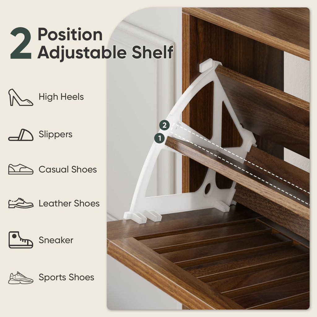 Smart FENDEE Shoe Cabinet with 2 Flip Slatted Drawers, Farmhouse Slim Shoe Organizer Rack with Golden Handles, Freestanding Hidden Entryway Storage for Hallway, Natural