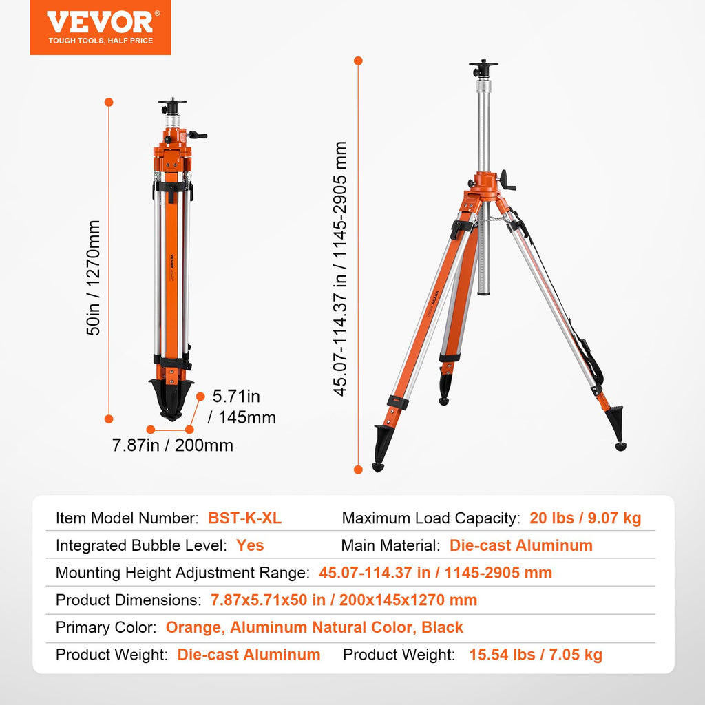 VEVOR Laser Level Tripod Stand, 5/8"-11 Thread Mount, 16.53-65.55 inch Height Adjustment Heavy Duty Survey Tripod for Construction Laser Level Scanner, Retractable Legs Non-Skid Feet Professional