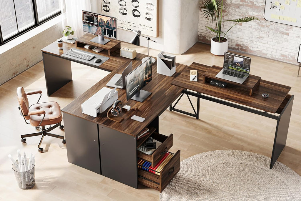 Bestier L Shaped Standing Desk with Lift Top, 55"x55" Standing Corner Desk for Home Office, Computer Desk with Reversible File Drawer and Monitor Stand, Grey Wash