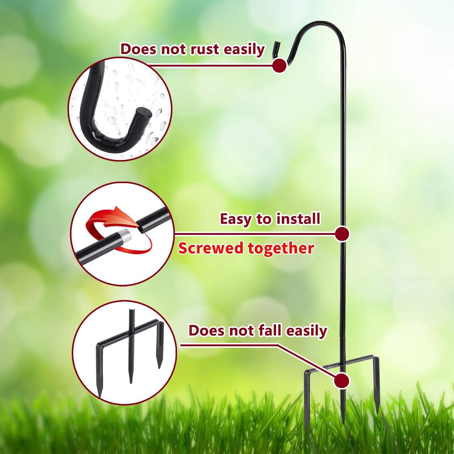 EXCMARK Shepherd Hook Adjustable Height 32/24/16’’ 1/2 inch Thick Use at Weddings, Hanging Solar Lights, Lanterns, Bird Feeders, Metal Hanger Hook (Black,32inch). U.S. Patent.