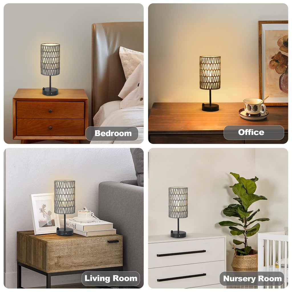 Rattan Bedside Table Lamps Set of 2 - Boho Lamps With 3 Color Temperatures & USB AC Port, Pull Chain Table Lamp For Bedroom, Cute Small Lamp For Nightstand Office Desk Bed Side End Table Living Room