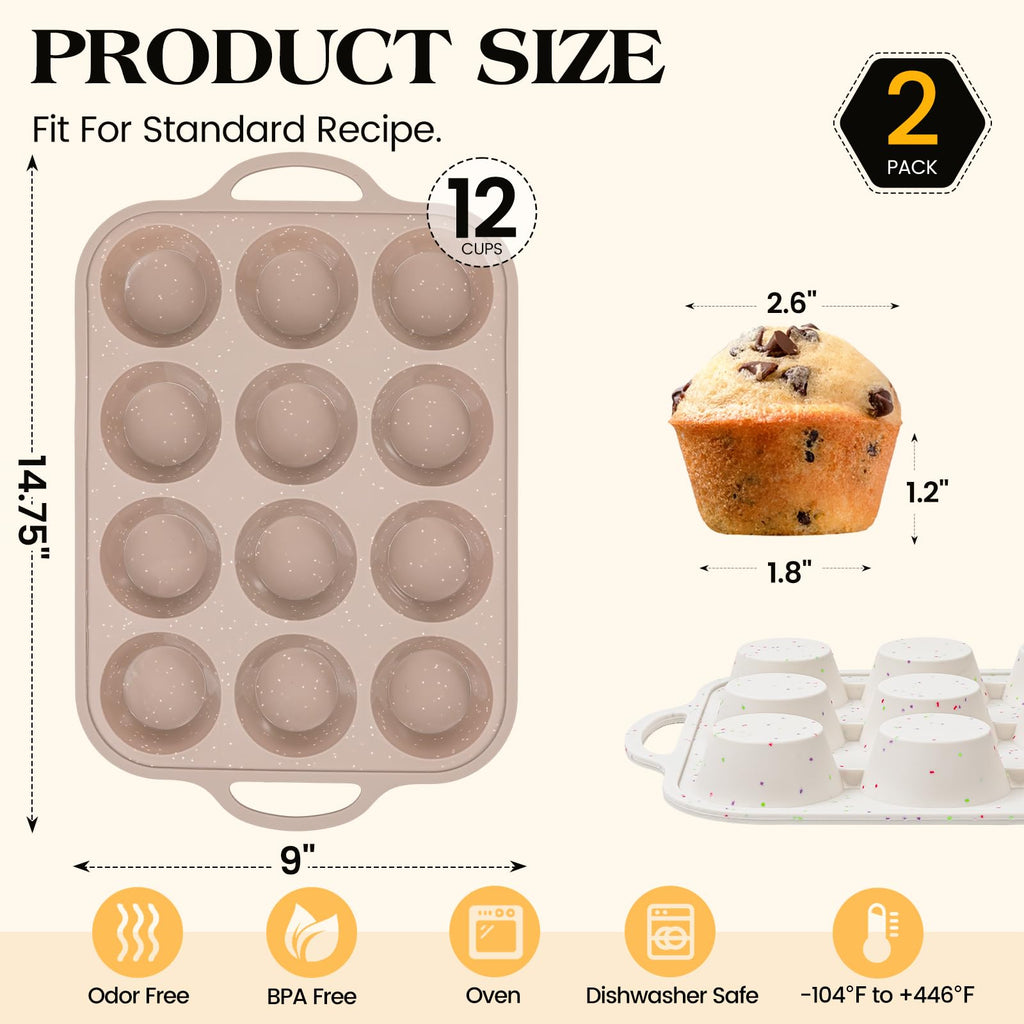 Vinino Silicone Muffin Pans for Baking with Metal Reinforced Frame, 12 Cups Regular Size Nonstick Brown Silicone Cupcake Pan, BPA Free Oven Dishwasher Safe Baking Mold for Muffins Cupcakes