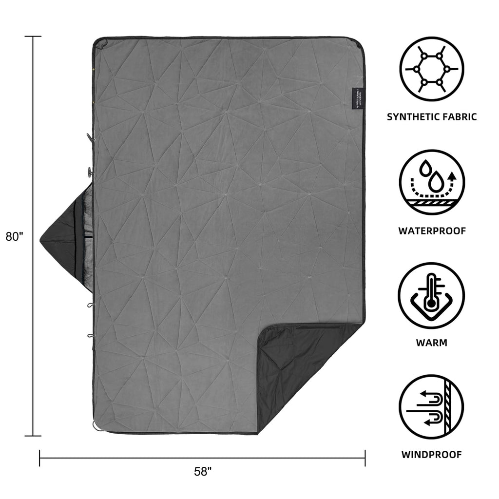 Large Outdoor Waterproof Blanket Extra Thick Fleece Stadium Blanket for Camping, Car, Pet, Picnics - Windproof, Wearable, Machine Washable 80" x 58" (Black Check)