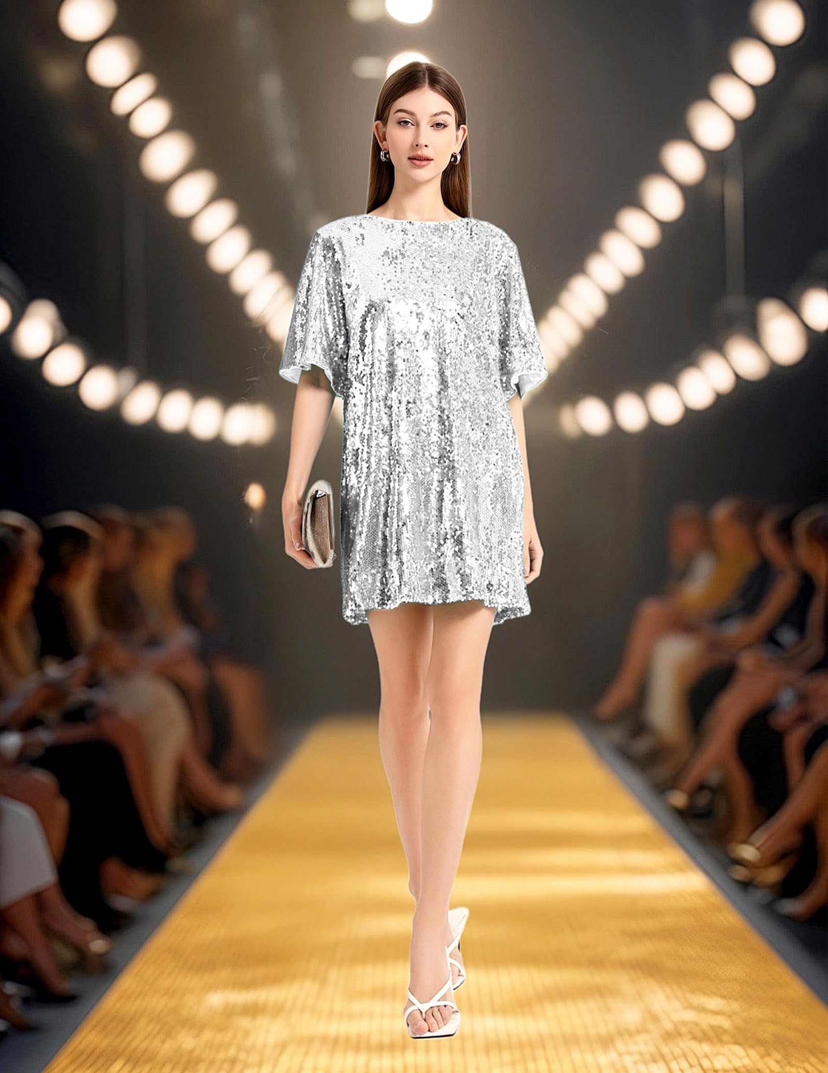 Women's Crew Neck Sequin Dress for Women Sexy V Neck Shirt Dress Sparkly Half Sleeve Loose Party Club Cocktail Dress