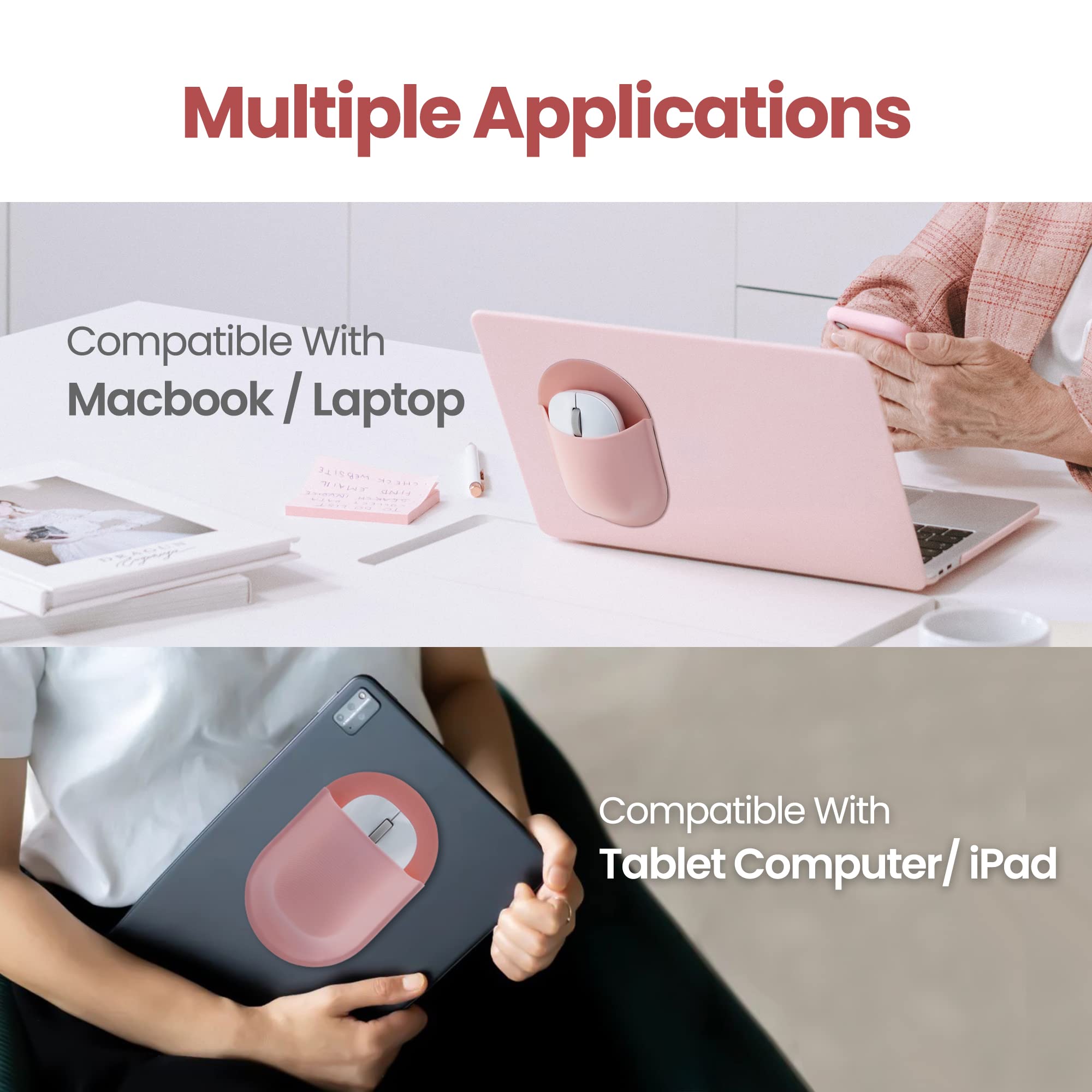 Epessa Universal Stick-On Mouse Pouch, Holder for Wireless Mouse, Sleeve for Laptop, Reusable Adhesive, No Glue Residue, Compatible with iPad or MacBook (Black)