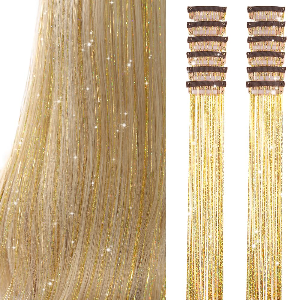 Clip in Hair Tinsel, Pack of 12 Pcs 20 Inch,Glitter Tinsel Hair Extensions, Festival Tinsel Fairy Hair Extension Party Dazzle Hair Accessories Strands Kit for Women Girls(12Pcs,Black#)