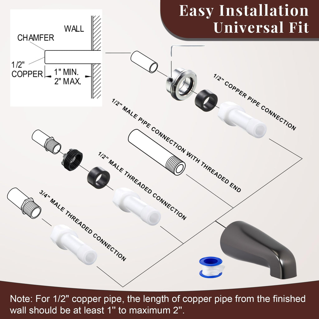 Dreyoo Tub Spout (Universal Fits 1/2" Copper Pipe, 1/2" IPS and 3/4" IPS), Bathroom Bathtub Faucet with Adapters and Hex Wrench(Brushed Nickel,Simple)