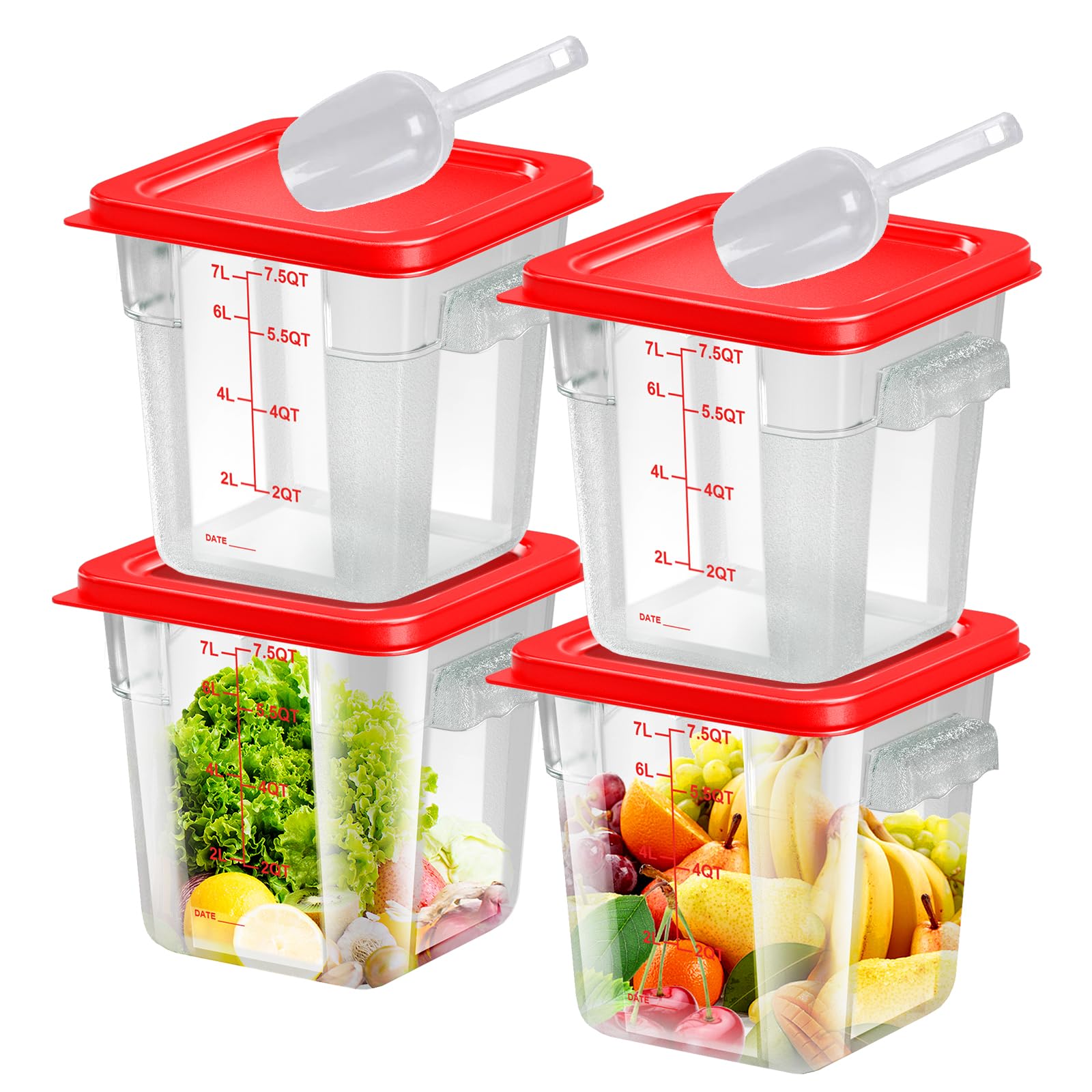 6 pcs 2qt Food Storage Containers with Lid, Square Clear Commercial Storage Containers with Handle and Scale for Food Storage in Home Kitchen & Dining (Green)