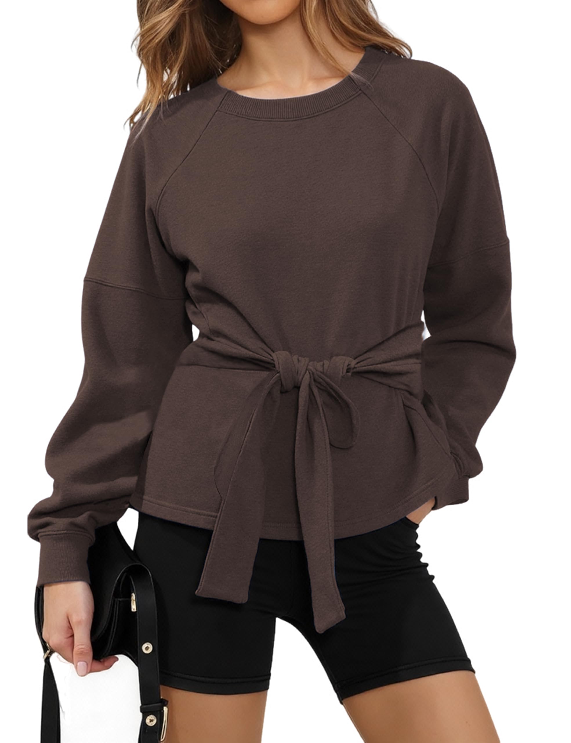 Zhiyouni Women's Long Sleeves Shirt Tops Casual 2026 Fall Fashion Crewneck Tie Knot Sweatshirt Pullover