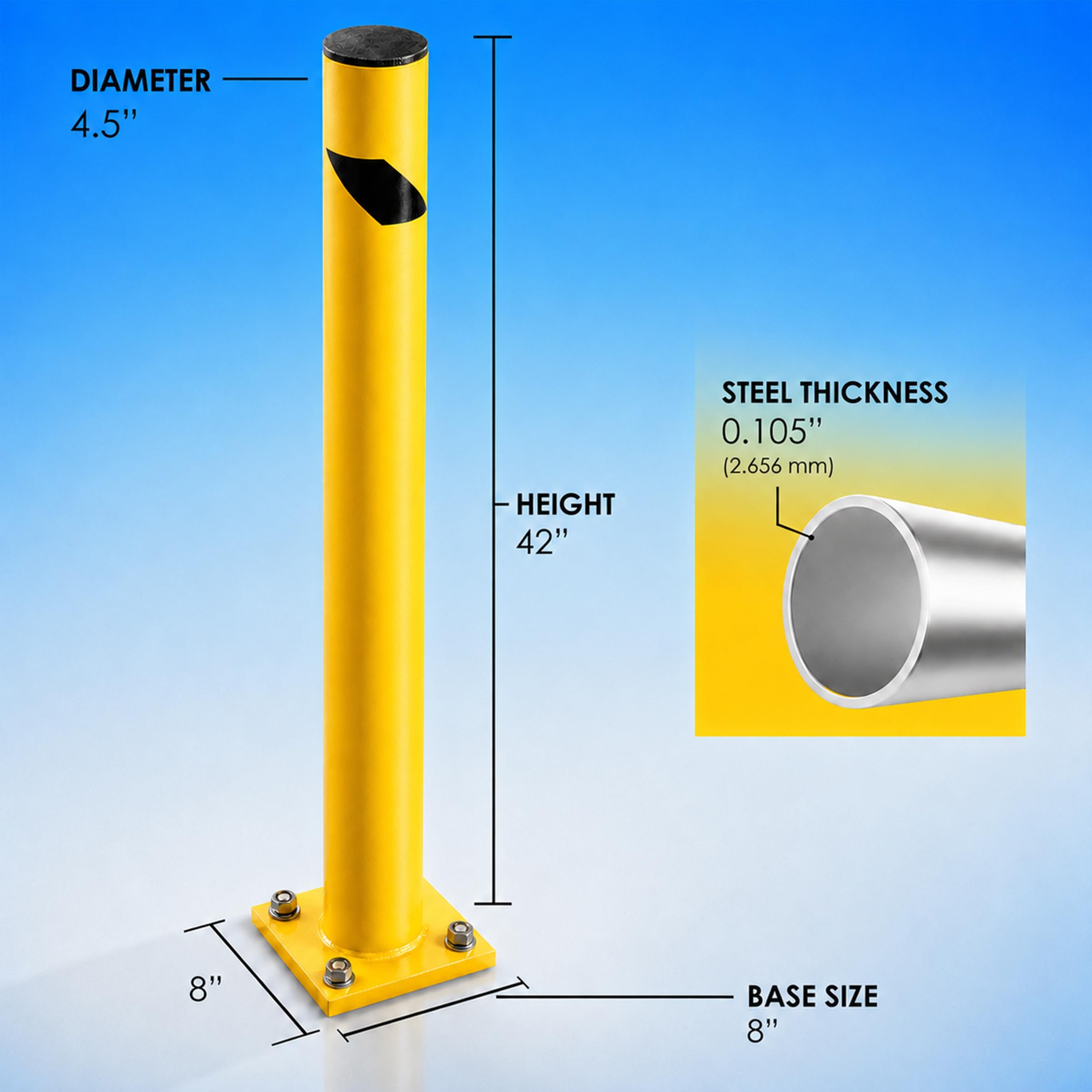Crowd Control Warehouse Trafford Industrial Steel Bollards 24” Height, Safety Steel Post, Yellow Powder-Coated Finish Heavy Duty Fillable with Concrete, for Driveway Barrier, Parking Pole & Traffic